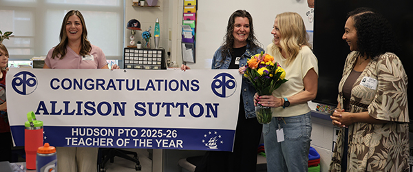 Congratulations to East Woods' Allison Sutton, who was named the 2025-26 Hudson PTO Teacher of the Year Winner (K-5).